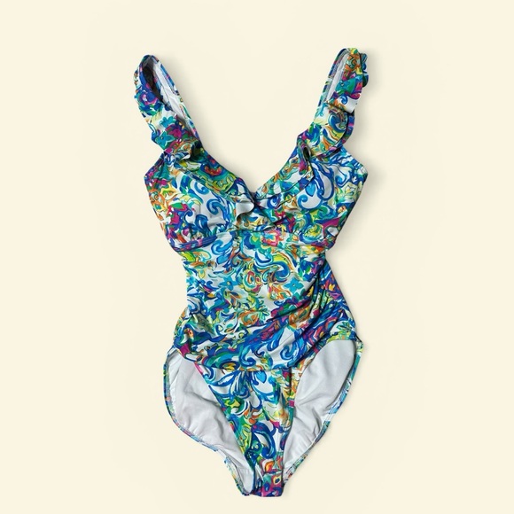 Lauren Ralph Lauren Ruffle V-Neck One-Piece Swimsuit in Multicolor in Size 10 - Picture 3 of 9